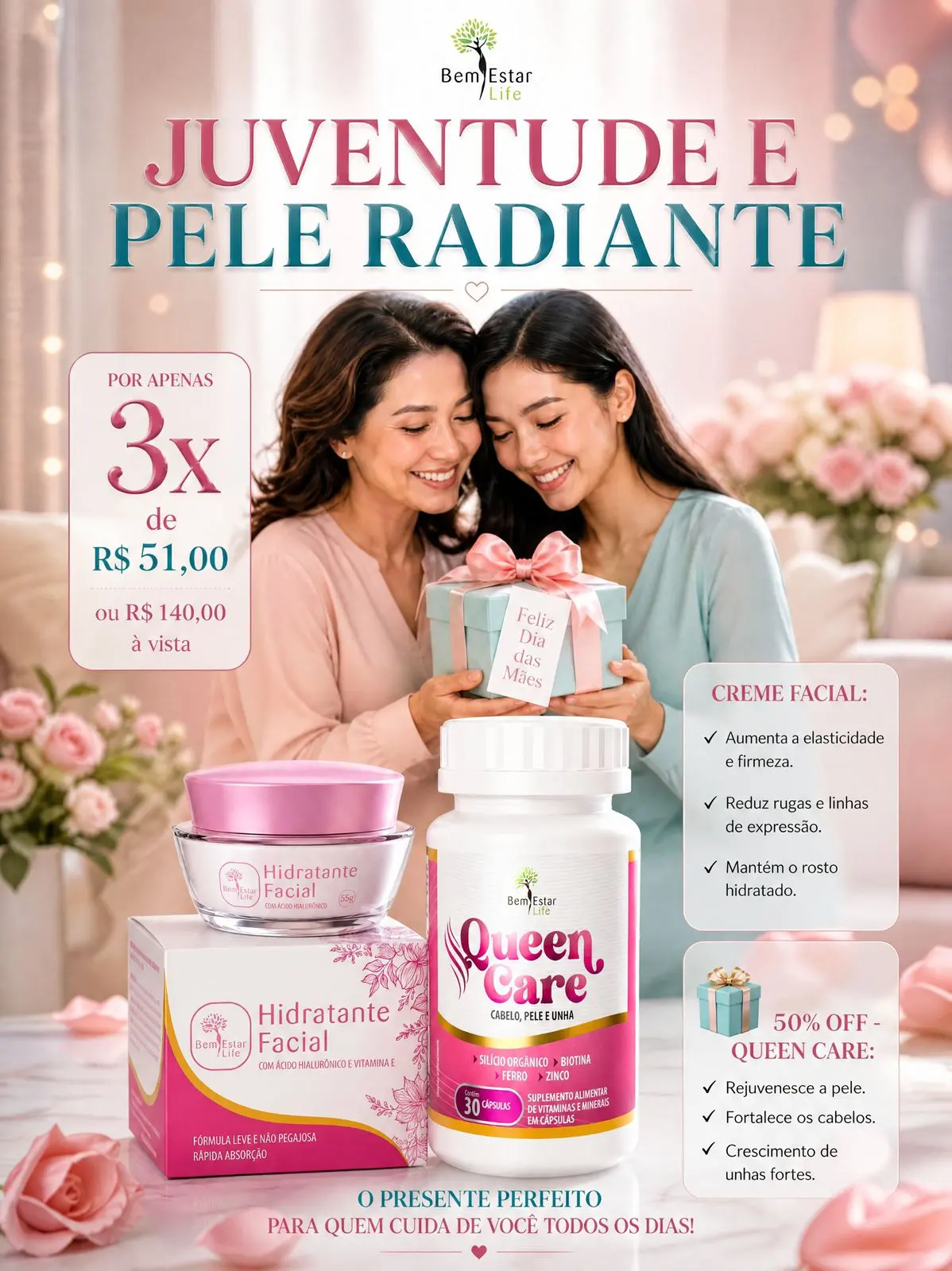 MAIO DAS MÃES - NA COMPRA DO HIDRTANTE FACIL COM ÁCIDO HIALURÔNICO, A QUEEN CARE DESCONTO 50%